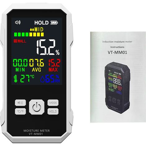 Hygromètre pour cloisons sèches sans perçage, appareil de mesure de l'humidité du bois, appareil de contrôle non destructif avec écran LCD, adapté au bois, au carton et aux plafonds en céramique (1/5)