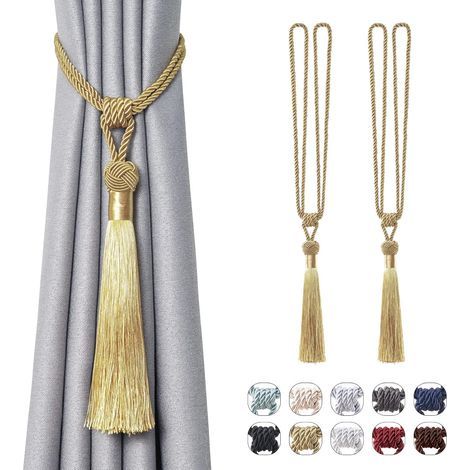 Set of 2 Handmade Tassel Curtain Tiebacks with European Style Braided Rope Knot for Home and Office Decor (Gold) (1/5)