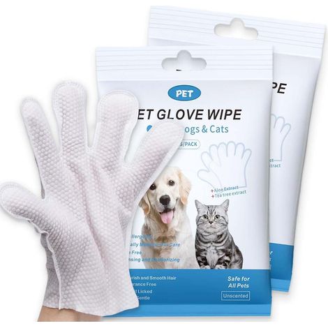 Cleaning Gloves for Dogs and Cats, Pet Grooming Wipes, Cleansing and Deodorizing Gloves, Face Cleaner, Ears, Eyes and Paws (2 Pack)