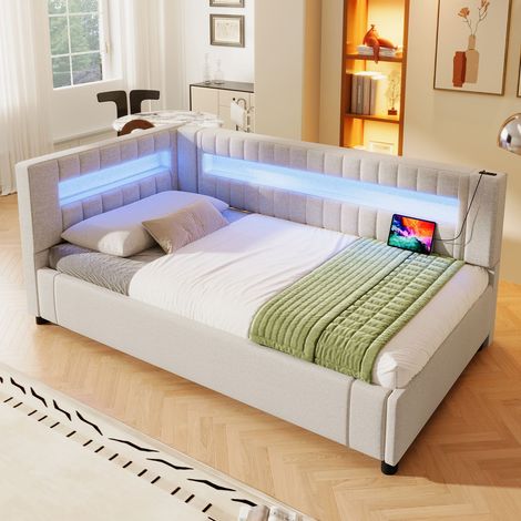 Sofa-lit 90x200 cm, rangement hydraulique, LED, USB-c, toile beige, sans matelas (1/5)