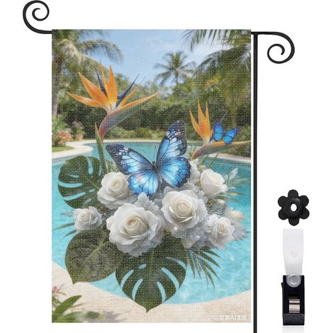 Drapeau de jardin printemps été 30 x 45 cm motif papillon et fleurs naturelles toile double face (1/5)