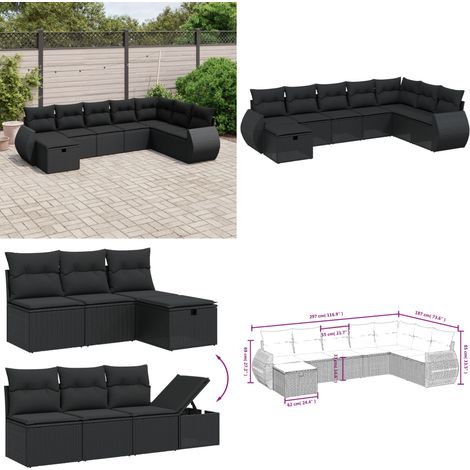Salon de jardin 8 pcs avec coussins noir résine tressée - Ensemble Salon De Jardin - Meubles De Jardin - Salon Extérieur - Mobilier De Jardin Design - Chaise Longue - Home & Living (1/5)
