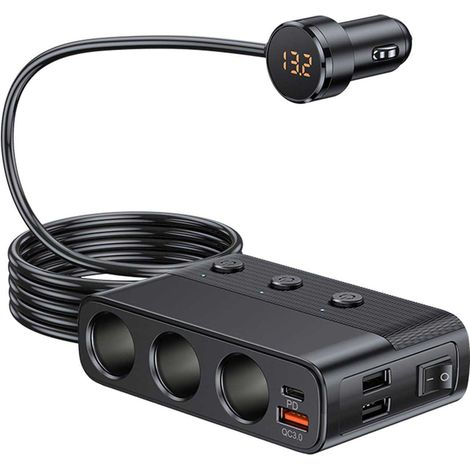 127-W-Zigarettenanzünderadapter mit drei Pins / USB QC 3.0 / PD / Dual-USB-Schnittstelle, 12-V-/24-V-Zigarettenanzünderbuchse, mit separatem Schalter und LED-Voltmeter