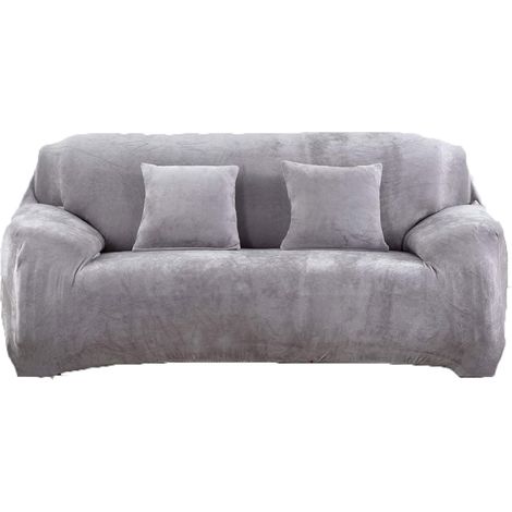 Housse épaisse et élastique en velours uni Pour canapé 1, 2, 3 ou 4 places, gris clair, 3 Seater:190-230cm (1/3)
