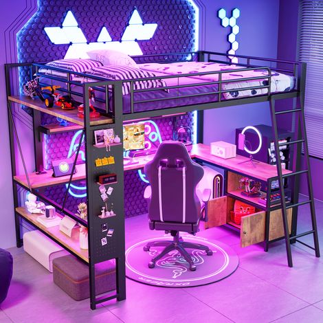 Cama Alta 140 x 200 Cm Con LED, USB, Escritorio, Almacenamiento Y Estantes, Sin Colchón, De Metal, Negro