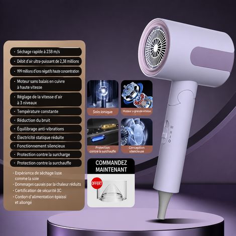 Sèche-cheveux pliable ionique violet mat moteur en cuivre 3380000 999 réf 4750 1 kg – Livraison gratuite