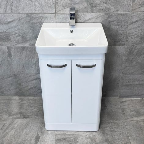 500mm Curved Vanity Unit Sink Ceramic Basin Bathroom Storage White Gloss Pacific, No Tap (1/5)