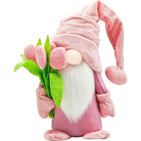 Décoration printanière de tulipes, gnome avec bouquets de tulipes, décoration printanière rose (1/5)