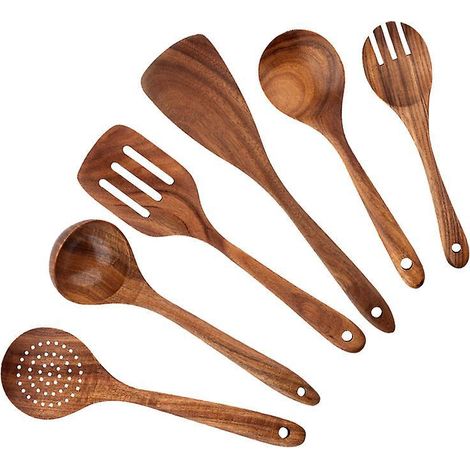 ustensiles De Cuisine Bois Avec Pot De Rangement - Lot De 6 Ustensiles En Bois Pour La Cuisine Avec Pot & Support + Crochets De Suspension - Ensem (1/5)