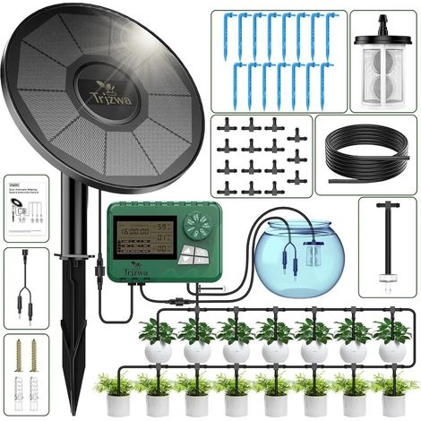 Équipement d'irrigation solaire, Kit d'irrigation goutte à goutte pour serre avec tuyau de 15M pour plantes en pot avec minuterie automatique (1/5)