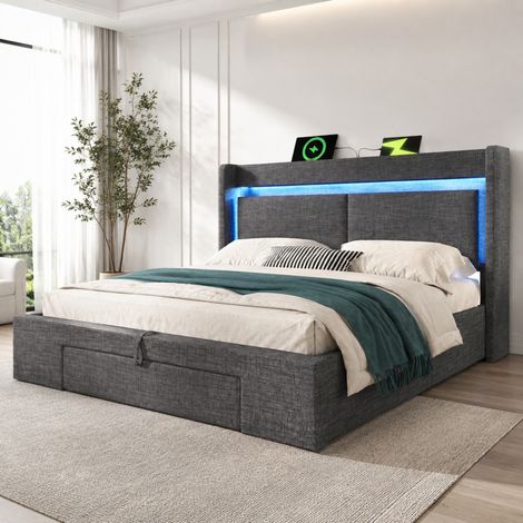 Letto contenitore matrimoniale 140x200 cm, con sollevamento idraulico, LED, USB e USB-C, in lino grigio, senza materasso (1/5)