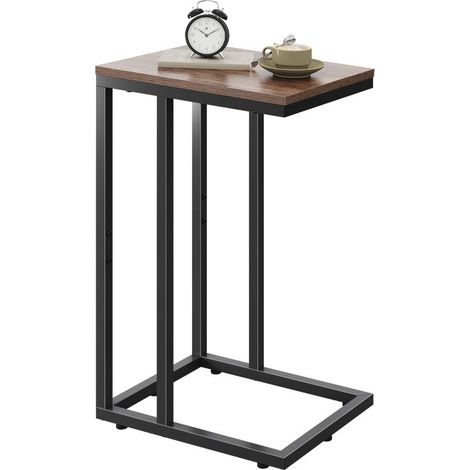 Table d'appoint en forme de C, structure métallique robuste avec rangement ouvert, design fin pour petits espaces, marron, idéale pour salon et chambre à coucher (1/5)