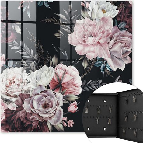 Armoire à clés - (30 cm x 30 cm) - Boîte à clés murale - Coffret de rangement pour clés - Couleur noire - Ouverture vers la droite - Pour maison et bureau - charme floral