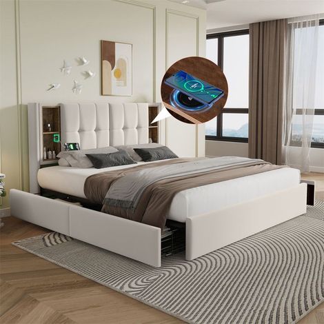 Lit rembourré 160x200 velours beige - sommier à lattes bois, 4 tiroirs, chargeur USB-C