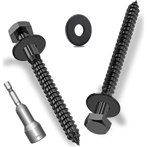Lot de 12 vis à bois hexagonales M8 x 100 mm avec rondelles, vis hexagonales, noir, acier inoxydable A2V2-DIN571, vis à clé avec rondelles et clé à douille (1/5)