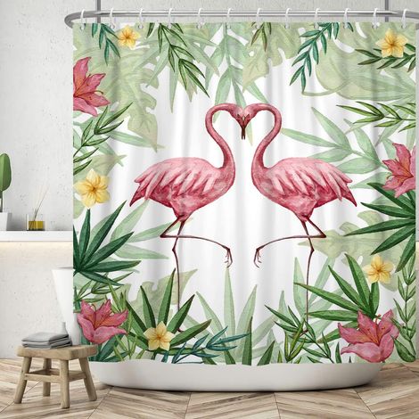 152x183cm Rideau de Douche Flamant Rose d'été Plante Verte Feuille de Palmier Fleur Rideau de Salle de Bain Animal Tropical Rideaux de Douche botaniques Rideau de Baignoire étanche (1/5)