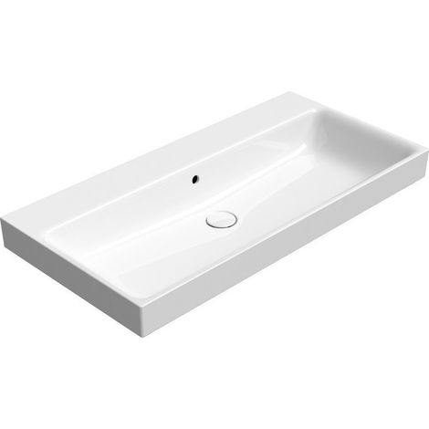 Lavabo en céramique NUBES 100x50cm, bord inférieur rainuré, sans trou pour robinetterie, blanc ExtraGlaze (1/5)