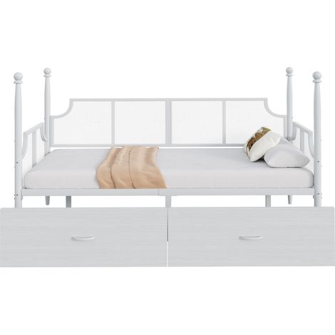 Canapé-lit 90 x 200 en métal style vintage, avec 2 tiroirs de rangement, dossier grillagé et accoudoirs, blanc, pour chambre ou chambre d'amis – CHICFURN (1/5)