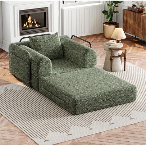 Divano letto 2 in 1 in ciniglia verde con vano nel bracciolo e struttura in acciaio (1/5)