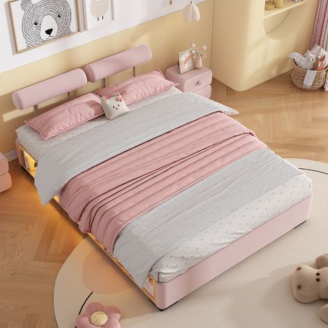 Lit enfant 140x200 lit junior bas avec led - étagère latérale et rangement ouvert - tête de lit réglable 3 côtés - rose (1/5)