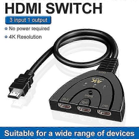 Commutateur/répartiteur HDMI 3 entrées 1 sortie, compatible avec les normes HDMI 4K et 1080p, compatible avec les PS4, les téléviseurs HD, les boîtiers TV et autres appareils.