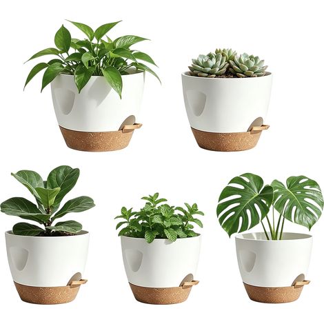 Lot de 5 pots de fleurs en plastique – Jardinières auto-arrosantes avec réservoir d’eau – Usage intérieur et extérieur – Blanches (12 à 17 cm) (1/5)