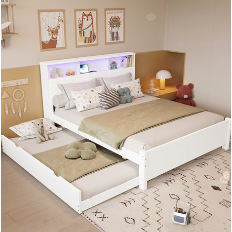 Bett modern 120x200 cm mit Ausziehbett 90x190 cm, Kopfteil mit Stauraum, LED-Licht und Ladebuchse, Weiß (1/5)