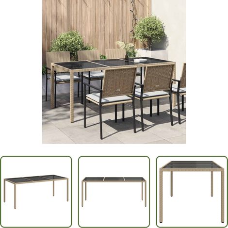 vidaXL Table de jardin en verre trempé - Table de jardin Beige 190x90x75 cm Verre trempé/résine tressée (1/5)