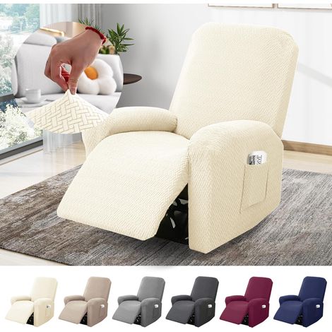 1-Sitzer Sessel Überzug, Sesselbezuge Stretch mit Taschen, All-Inclusive Streifen-Jacquard Sesselschoner für Fernsehsessel Relaxsessel Sesselhusse (Beige, 4-Teilig)