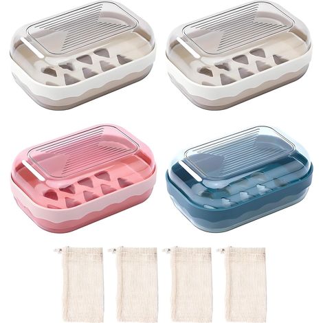 4 Boîte à Savon, 4 Sacs à Savon Filet, Étanche, Drainage, PP, Voyage, Salle de Bain