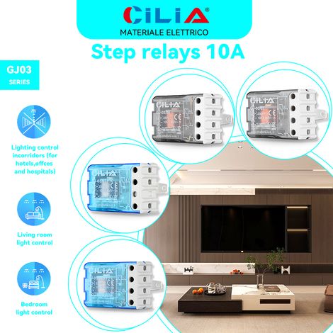 Relais électromécanique CILIA 230 V 10 A à impulsions, type 26.08 (pas à pas), avec circuit de bobine et contacts séparés, et interrupteur de dérivation. 4 séquences, 2 contacts NO pour l'éclairage. (1/5)