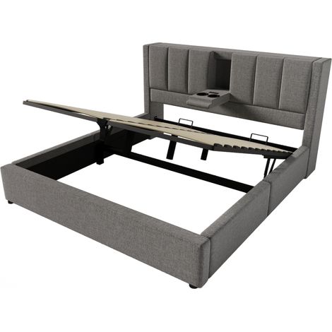 Lit coffre capitonné 160x200 cm gris en lin avec matelas, port USB et porte-gobelets (1/5)