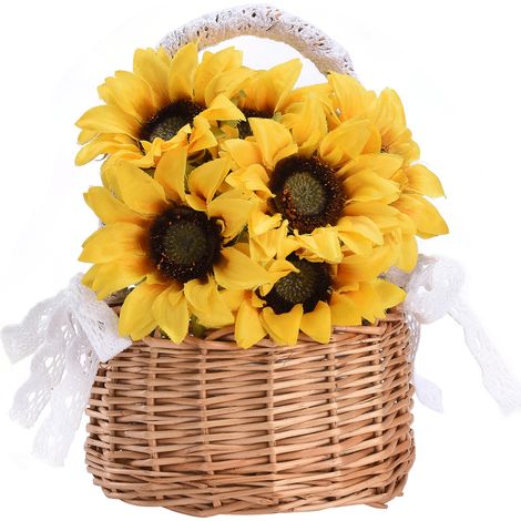 Panier floral en rotin naturel avec ruban blanc - Panier de fleurs DIY pour jardin, salon, chambre - 1 unité (1/5)