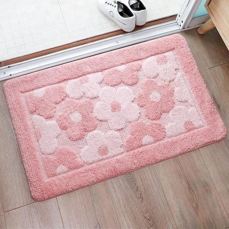 Tapis de Sol pour Salle de Bain, Mignon Doux et Épaississant Coussin de Fleurs de Cerisier de Fibres Ultrafines Salle de Bain Rose (1/4)