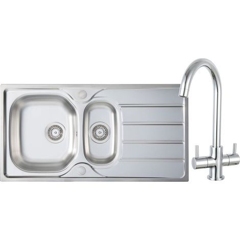Prima 1.5 Bowl Kitchen Sink with Staten Sink Tap and inset Sink 965mm L x 500mm W - Stainless Steel/Chrome (1/4)