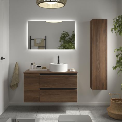Meuble de salle de bain BEQUIA PLUS METAL 90cm Noyer Vasque à poser Porcelaine Côté réversible 1P (1/5)