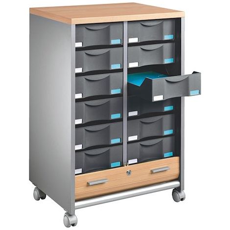 Desserte mobile aluminium - rideaux hêtre - 12 tiroirs anthracite - Maxiburo (1/2)