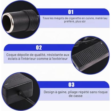 Adaptateur secteur pour voiture, convertisseur de tension 230 V vers 12 V, 180 W/15 A, adaptateur onduleur avec prise allume-cigare, adaptateur secteur AC vers CC pour glacière, aspirateur de voiture (1/3)