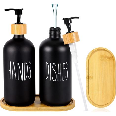 Mattschwarzes Seifenspender-Set, 500 ml, Seifenspender aus Glas, schwarzer Seifenspender, Spülmittelspender, Pumpflasche für Küche, Dusche. mit Tablett (2 Stück)