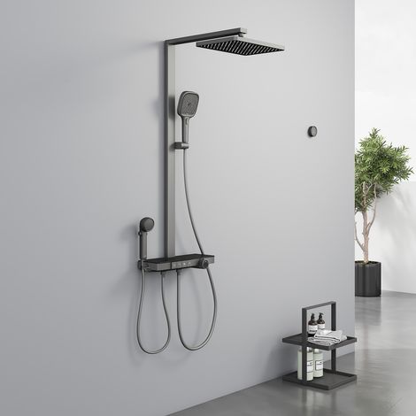 EMKE® Duschsystem mit Thermostat Anthrazit Matt 40 cm LED Anzeige Glasablage Duschsystem Elternteil und Kind Handbrause+Übergröße Regendusche +Auslauf Duschsystem Regendusche (1/5)