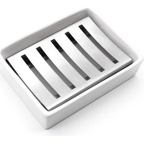 Ceramic Soap Dish Stainless Steel Soap Holder for Bathroom and Shower Double Layer Draining Soap Box (1/5)