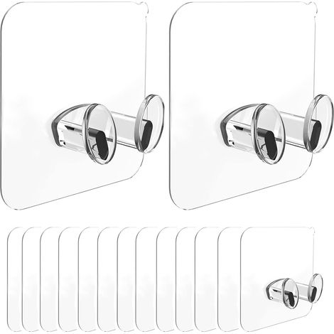 15 ganchos adhesivos transparentes reutilizables, de fuerte adherencia, para dormitorio, baño y cocina. (1/5)