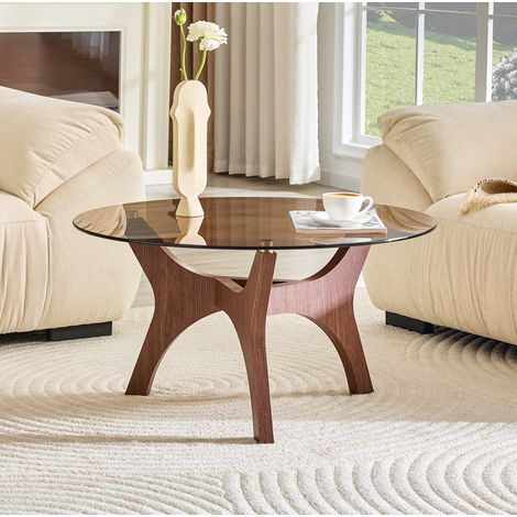 Table basse ronde 80 cm avec plateau en verre ambré et cadre en bois brun, design moderne résistant à la chaleur et aux rayures (1/5)