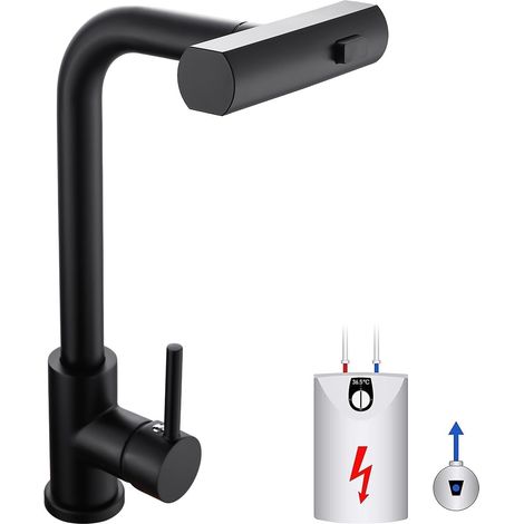 Robinet de cuisine basse pression extensible en acier inoxydable noir avec 3 raccords pour chaudière/appareils sous évier - Robinet rotatif à 360° - Mitigeur de cuisine avec 3 modes de douche (1/5)