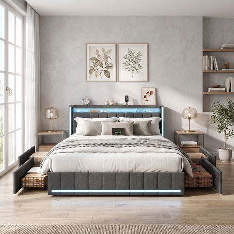 Superaly Lit Double Capitonné avec Lumières LED 140x190cm, Lit Coffre avec 4 Tiroirs, Ports USB et Type-C intégrés, Sommier à Lattes, Lit Adolescent de Style Moderne, Lin, Gris Foncé. (1/5)