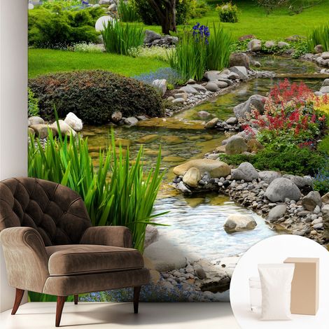 Papier peint intissé pour salon chambre à coucher peint imprimé pour mur - Colle incluse gratuite Jardin idyllique 250x250 cm (1/5)