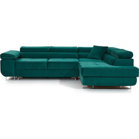 Sofá de esquina convertible MENTON terciopelo verde pato - Ángulo derecho con cofre (1/5)
