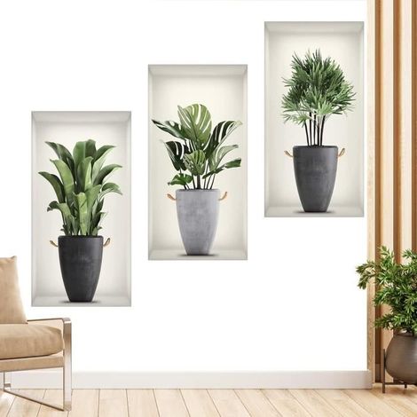 Sticker Mural 3D Zimmerpflanzen, grünes Pflanzendekor, ideal für Wohnzimmer, Schlafzimmer und andere Räume – 3 Stück