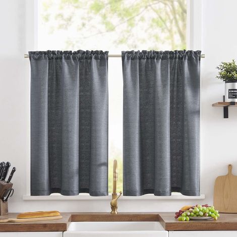 Rideaux Cuisine Court Brise Bise, Gris 90L x 60H(cm) 2 Panneaux à Passe Tringle Petit Rideau, pour Fenêtre Placard Meuble Bas Chambre Cache Evier, Tissu Jacquard, Décoration Intérieure Moderne (1/5)