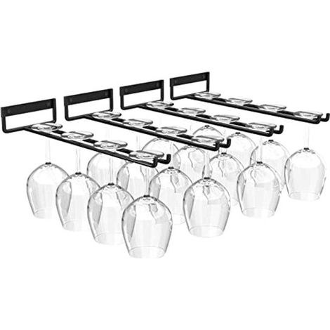 Longziming - Porte-verres à vin suspendu sous meuble (4 pièces) - Support pour 3 à 5 verres à vin - Porte-verres en métal pour cuisine, placard et bar - Noir (1/5)
